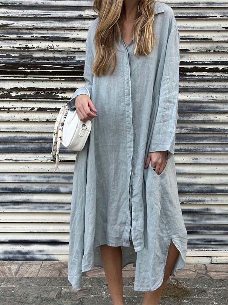 2025 Summer Loose Solid Color Cotton and Linen Fashion Long Sleeve Shirt Long Dresses