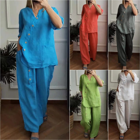 Summer new solid color cotton linen seven-minute sleeve top wide leg pants two-piece women's suit
