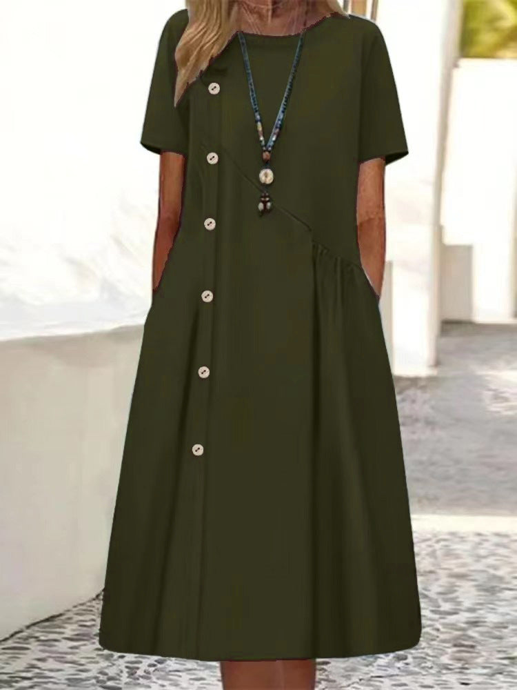 Casual Button Embellished Shrunken Pocket Midi Dress