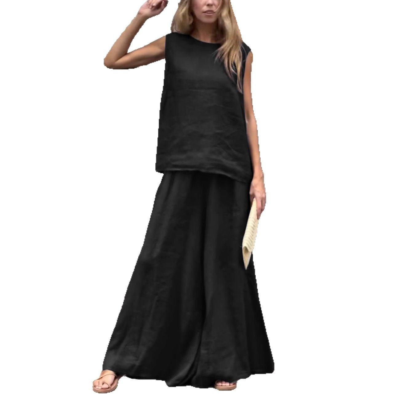 2025 Large Size Loose Solid Color Cotton Linen Sleeveless Pants Two Piece Set