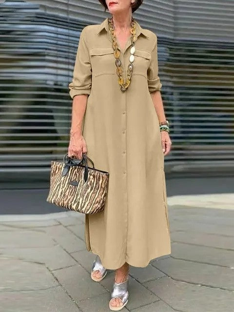 2025 Women's New Elegant Solid Color Long Sleeve Buttoned Lapel Large Size Dresses
