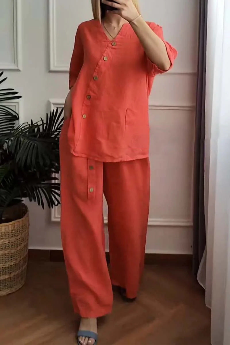 Summer new solid color cotton linen seven-minute sleeve top wide leg pants two-piece women's suit