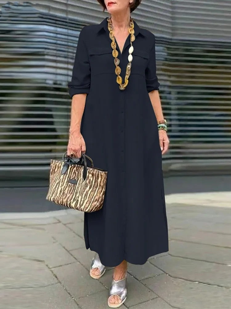 2025 Women's New Elegant Solid Color Long Sleeve Buttoned Lapel Large Size Dresses