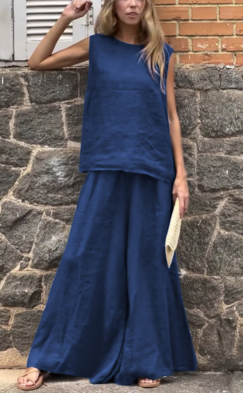 2025 Large Size Loose Solid Color Cotton Linen Sleeveless Pants Two Piece Set