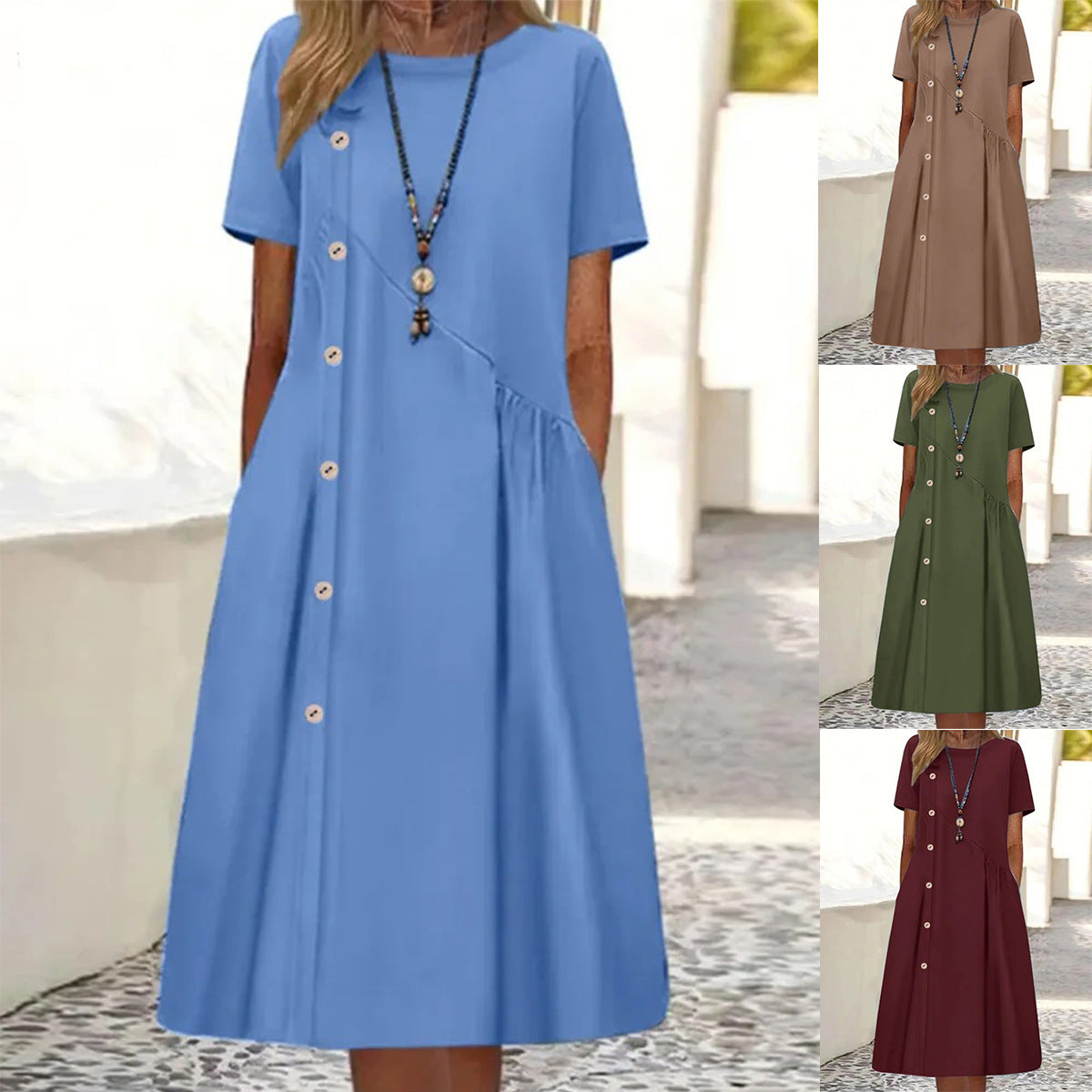 Casual Button Embellished Shrunken Pocket Midi Dress