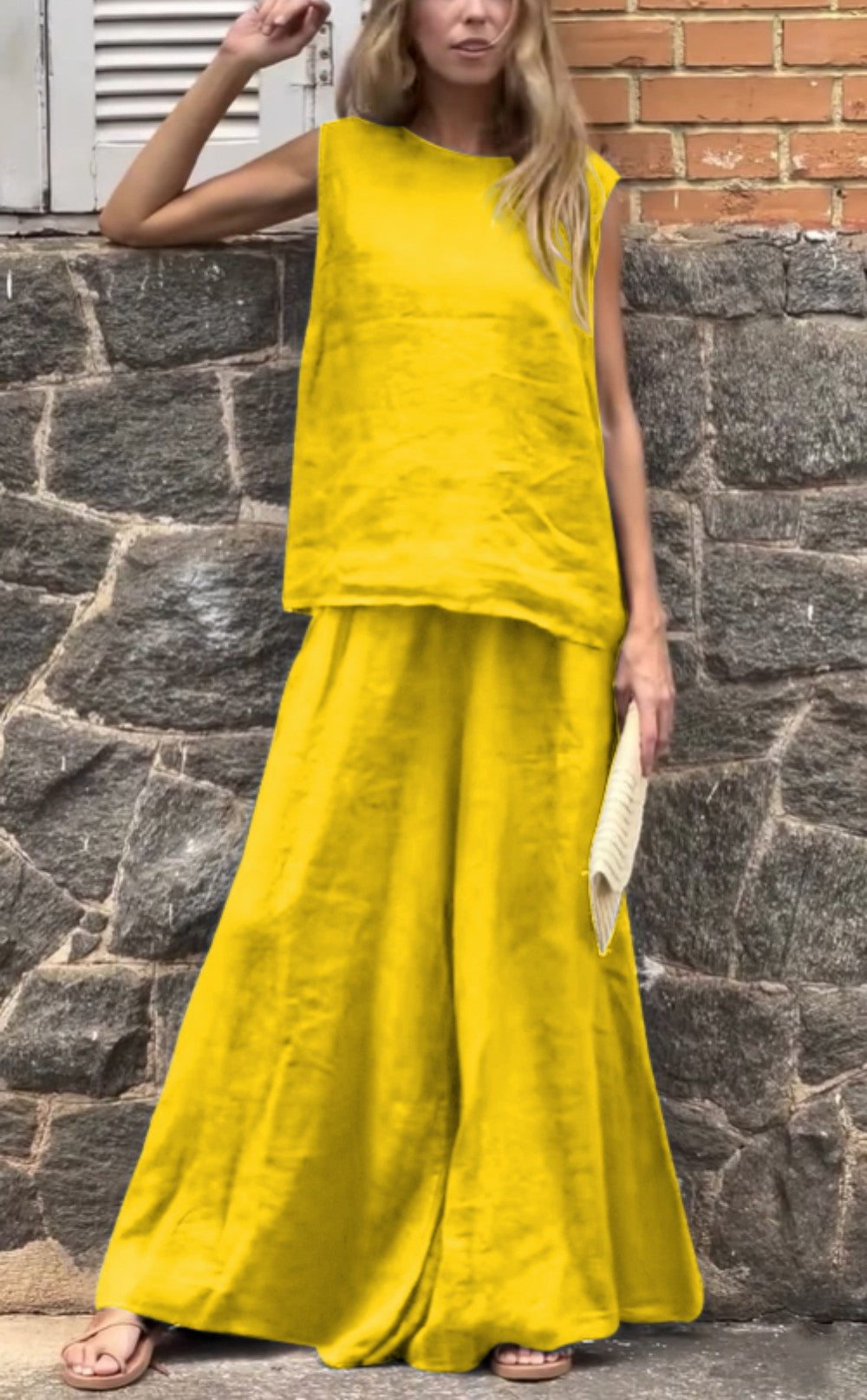 2025 Large Size Loose Solid Color Cotton Linen Sleeveless Pants Two Piece Set