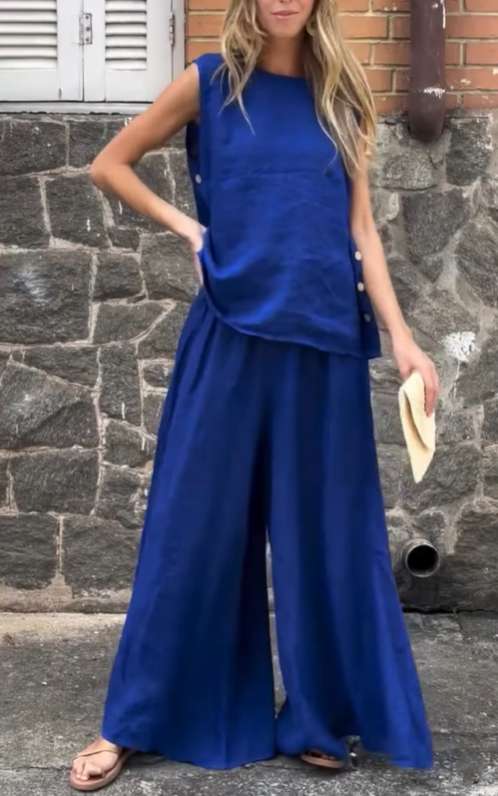 2025 Large Size Loose Solid Color Cotton Linen Sleeveless Pants Two Piece Set