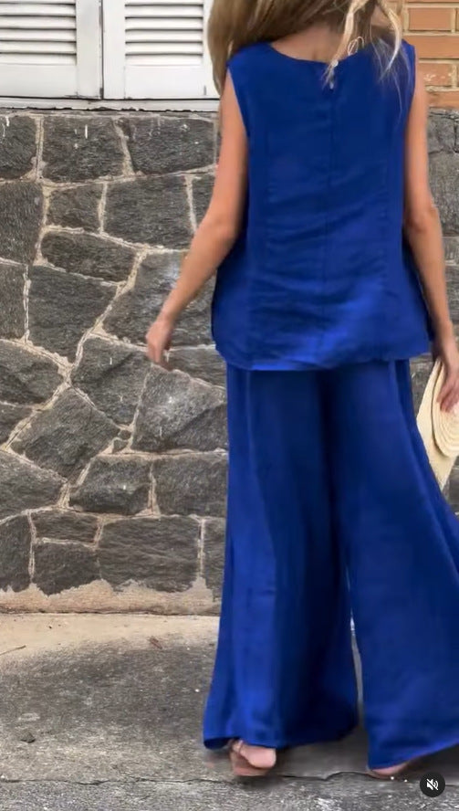 2025 Large Size Loose Solid Color Cotton Linen Sleeveless Pants Two Piece Set