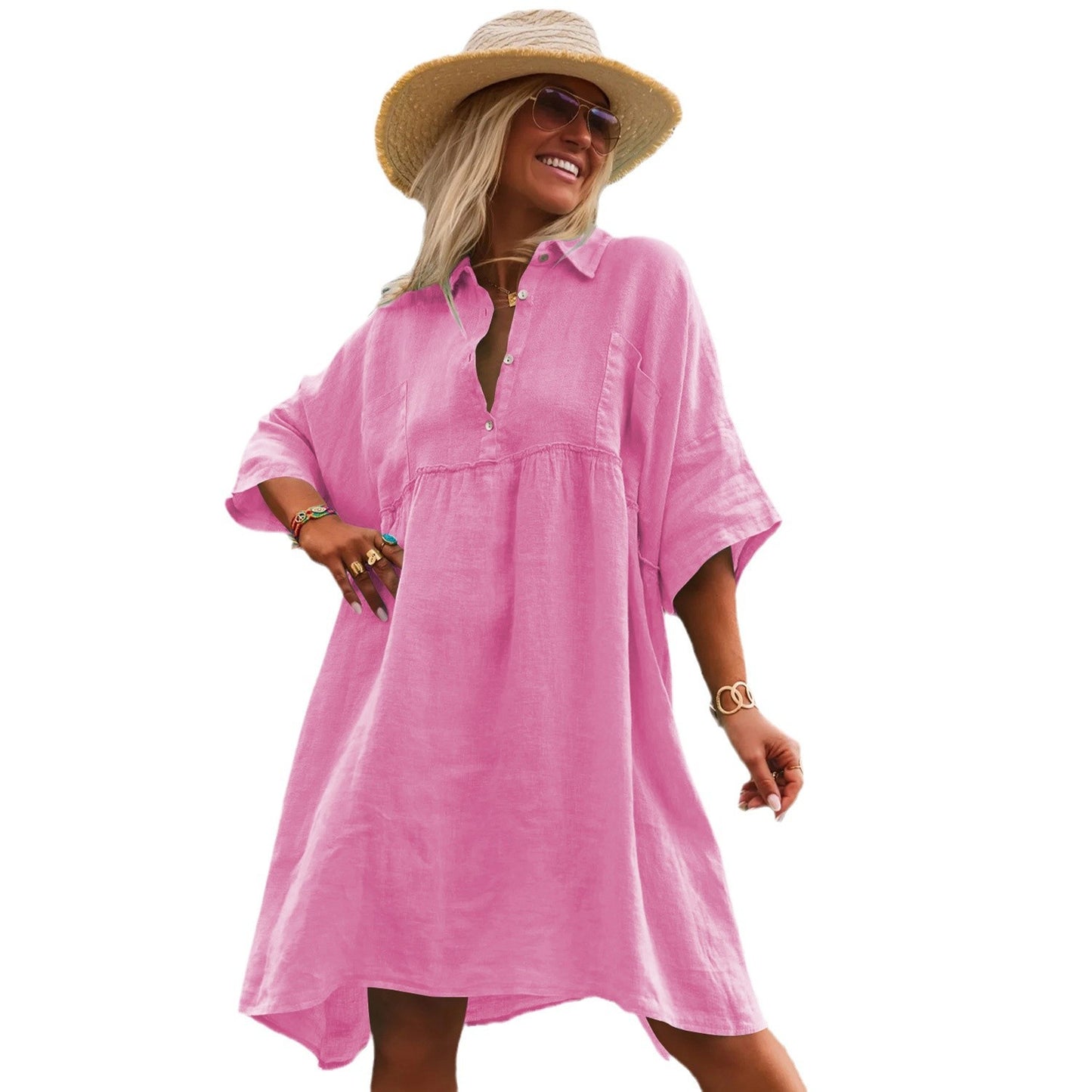 Loose solid color polo collar vacation casual button up literary style fashion dresses