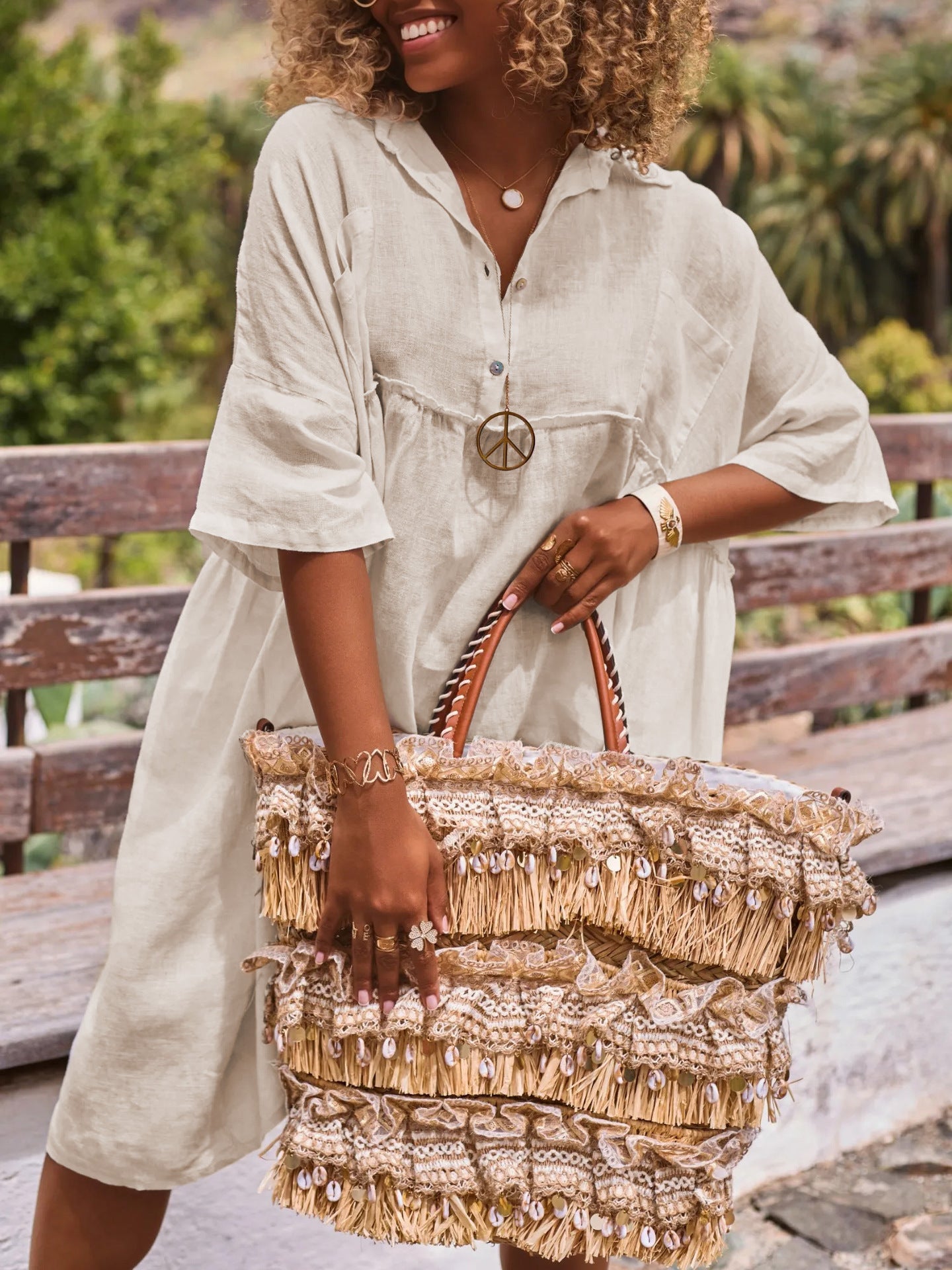 Loose solid color polo collar vacation casual button up literary style fashion dresses