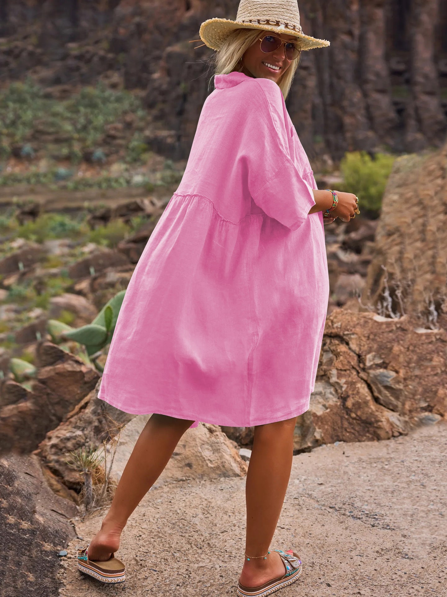 Loose solid color polo collar vacation casual button up literary style fashion dresses