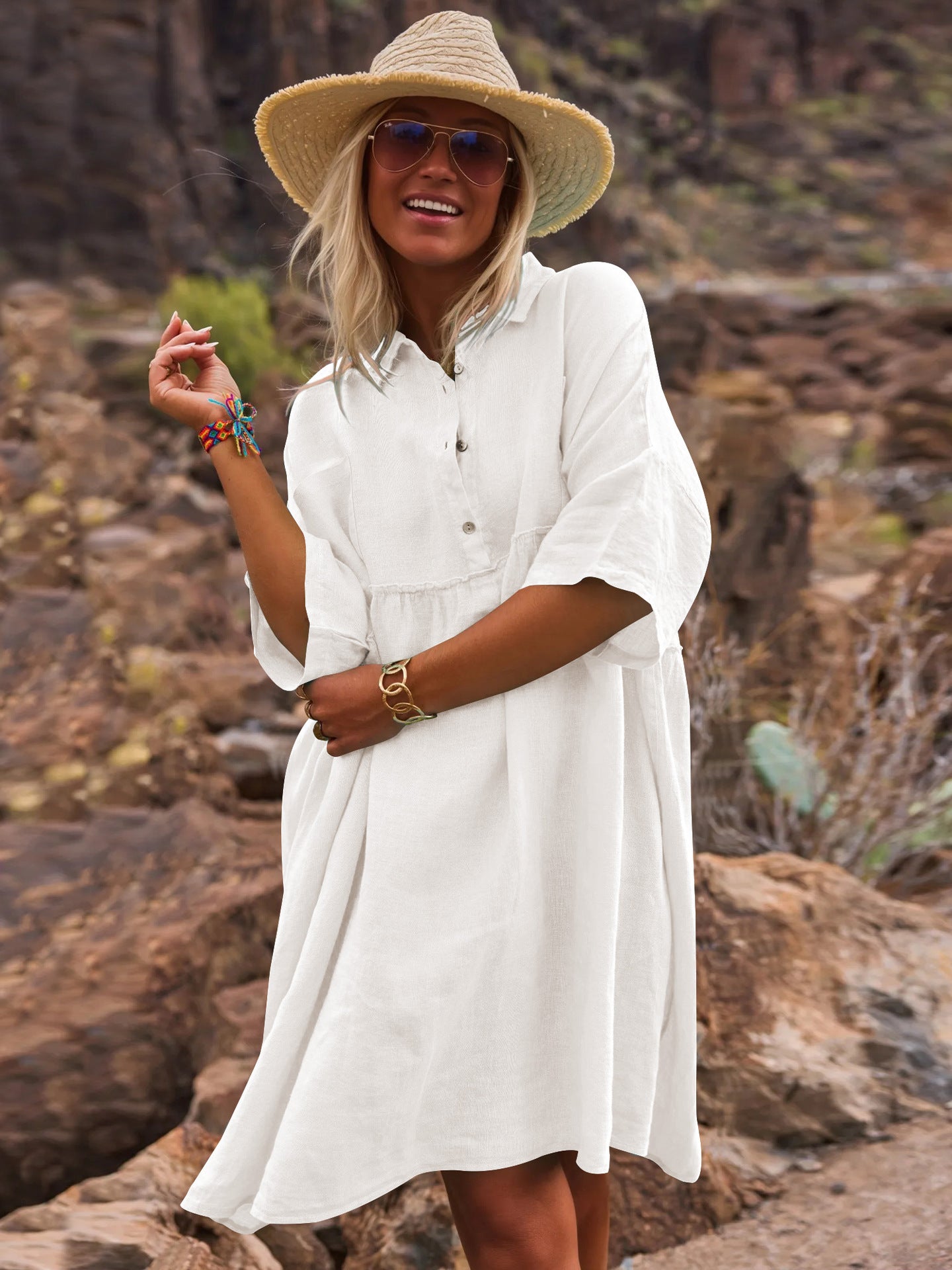 Loose solid color polo collar vacation casual button up literary style fashion dresses