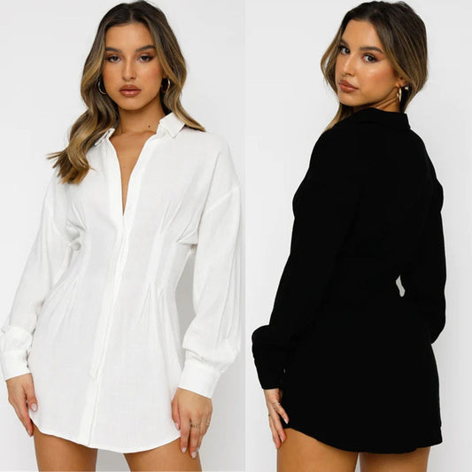 Hot Women's Solid Color Shirt Neck Waisted Sexy Dresses