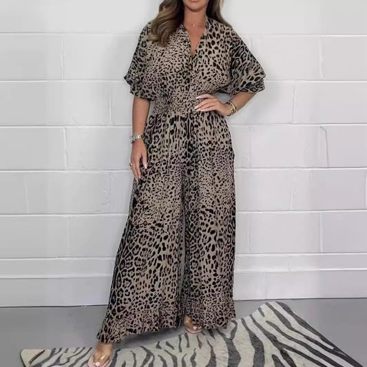 Fashion Leopard Print Casual Wide Leg Jumpsuit