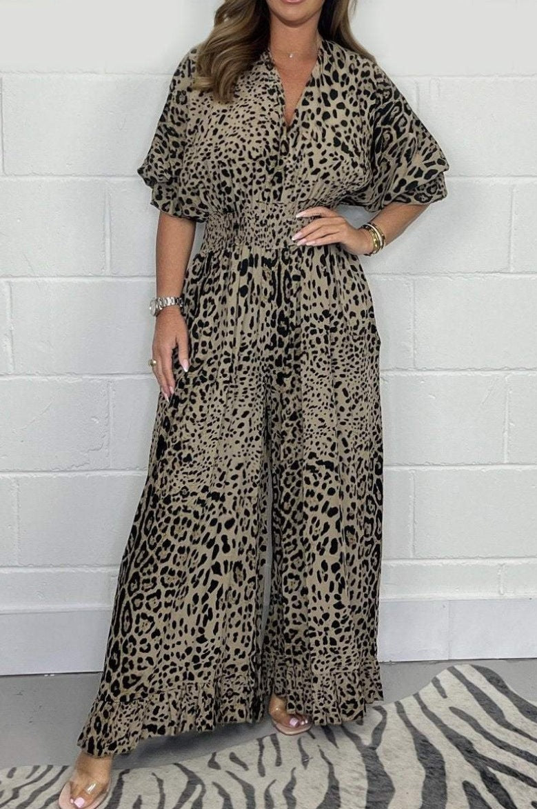 Fashion Leopard Print Casual Wide Leg Jumpsuit