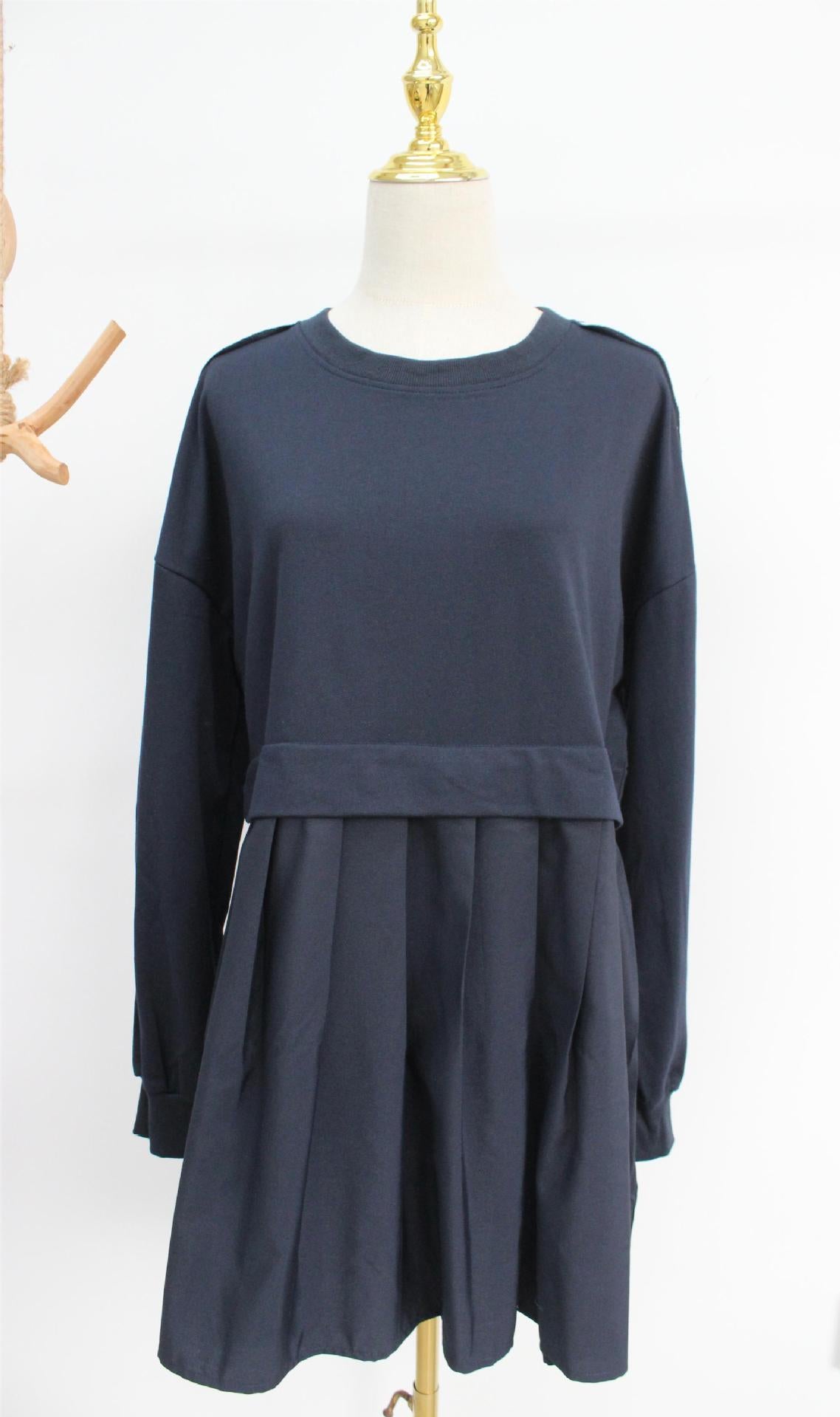 New women's false two pieces solid color color blocking loose pleated dresses