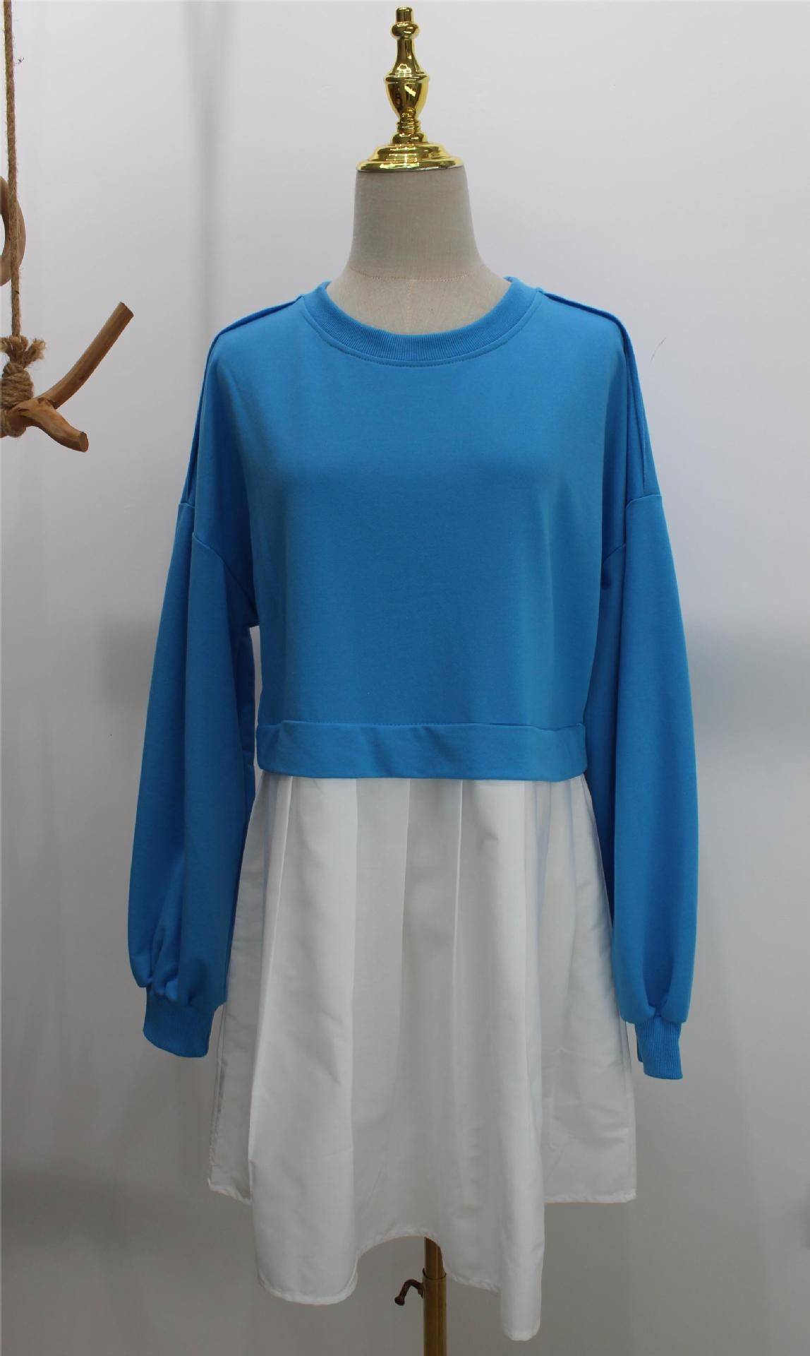 New women's false two pieces solid color color blocking loose pleated dresses