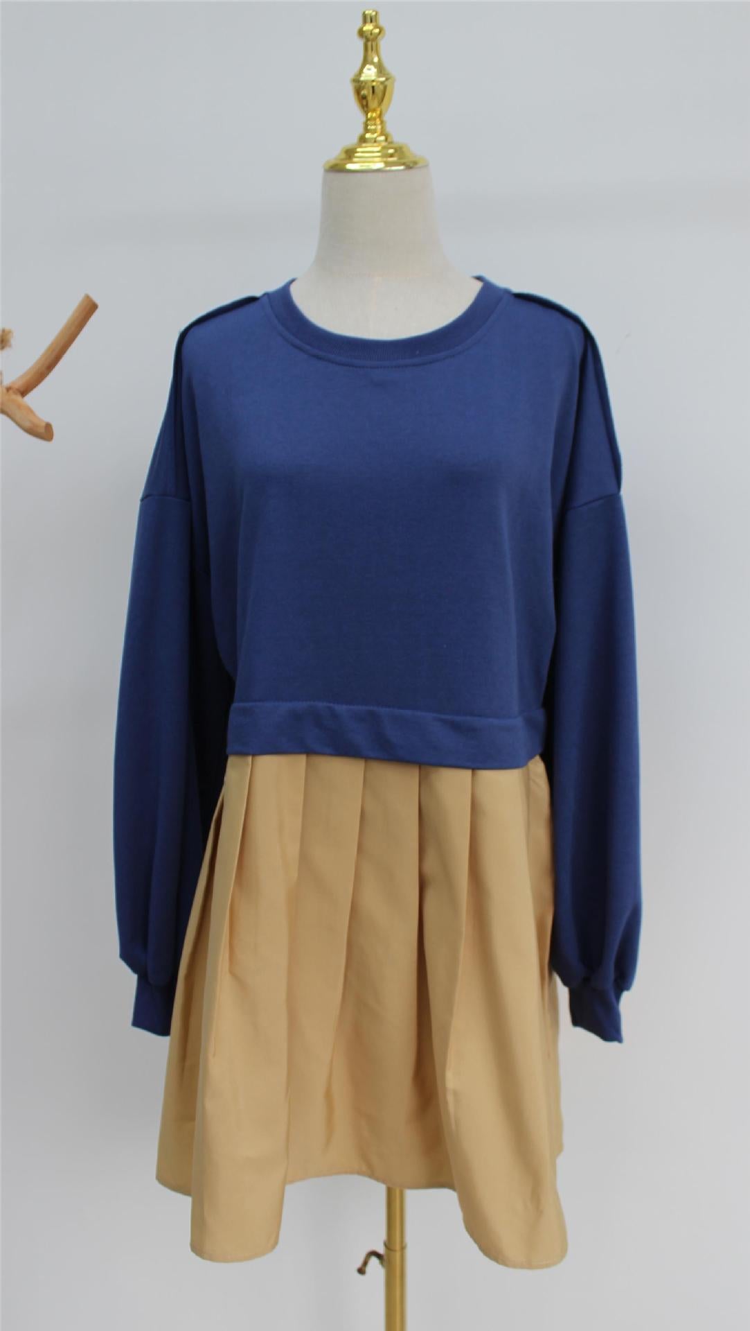 New women's false two pieces solid color color blocking loose pleated dresses