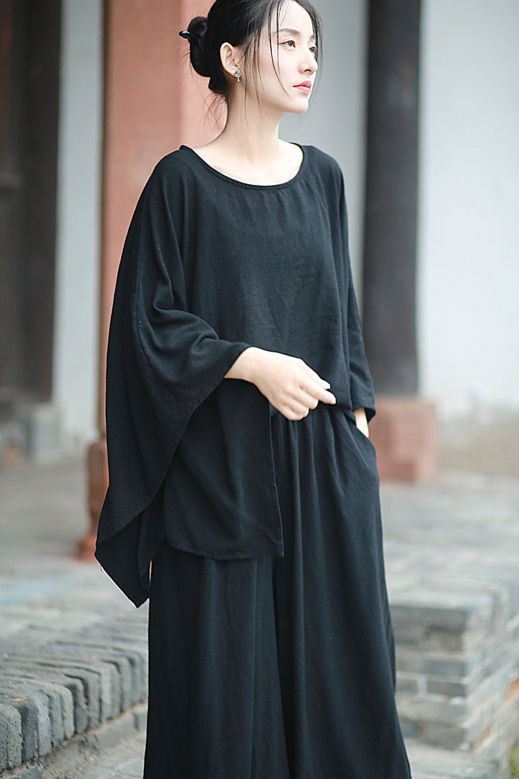 Linen Top Wide Leg Pants Set 3 Colours Literary Retro Cool Style