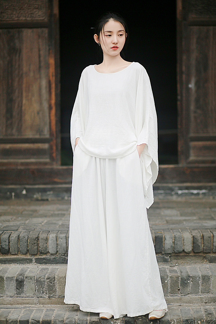 Linen Top Wide Leg Pants Set 3 Colours Literary Retro Cool Style