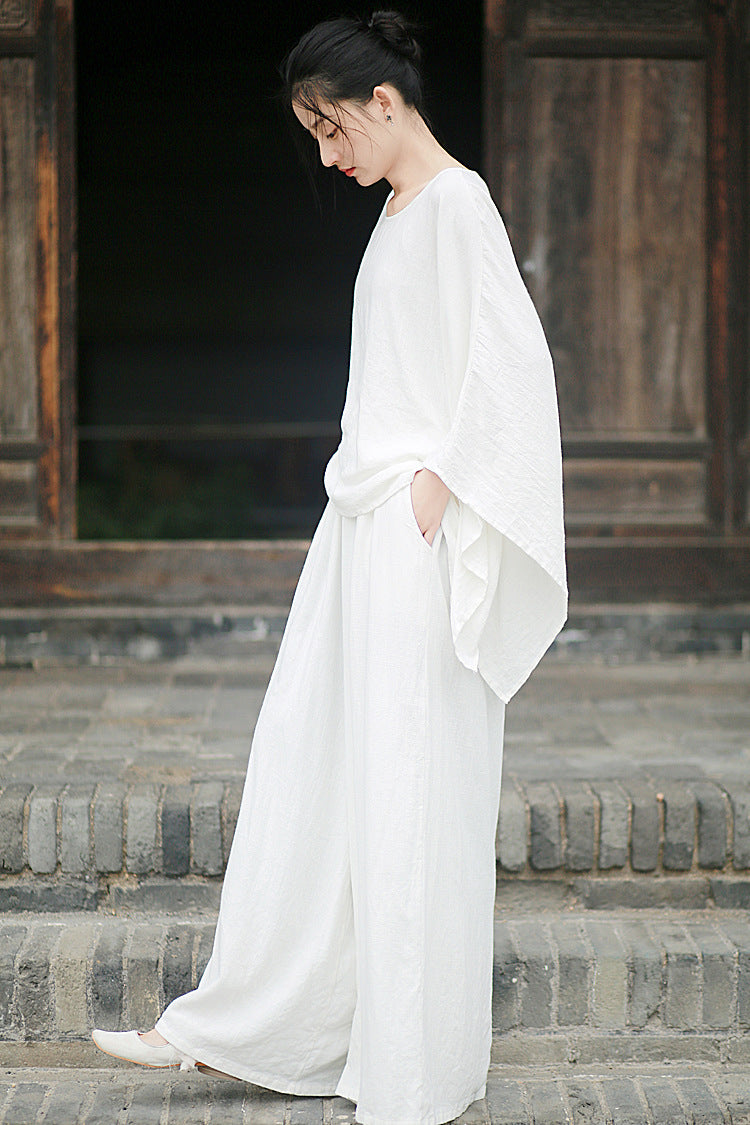 Linen Top Wide Leg Pants Set 3 Colours Literary Retro Cool Style