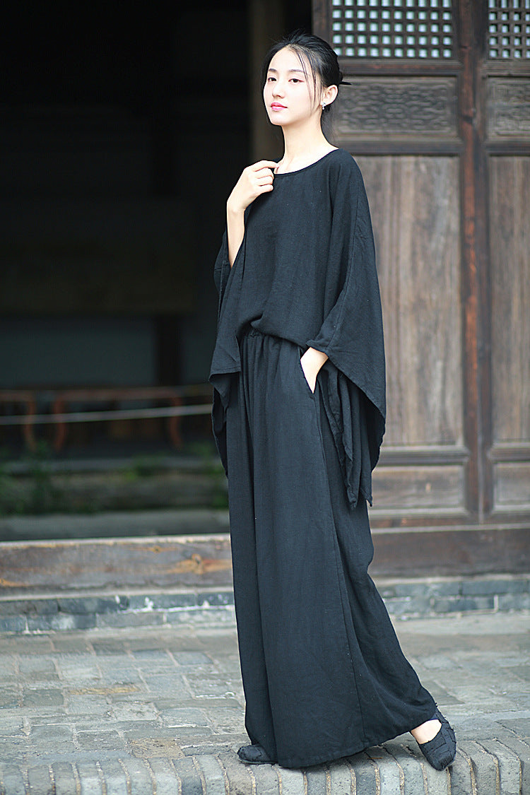 Linen Top Wide Leg Pants Set 3 Colours Literary Retro Cool Style