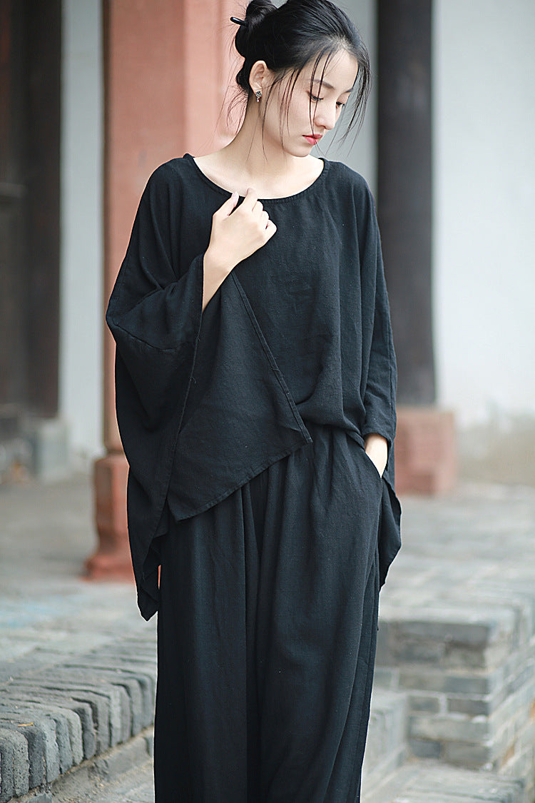 Linen Top Wide Leg Pants Set 3 Colours Literary Retro Cool Style