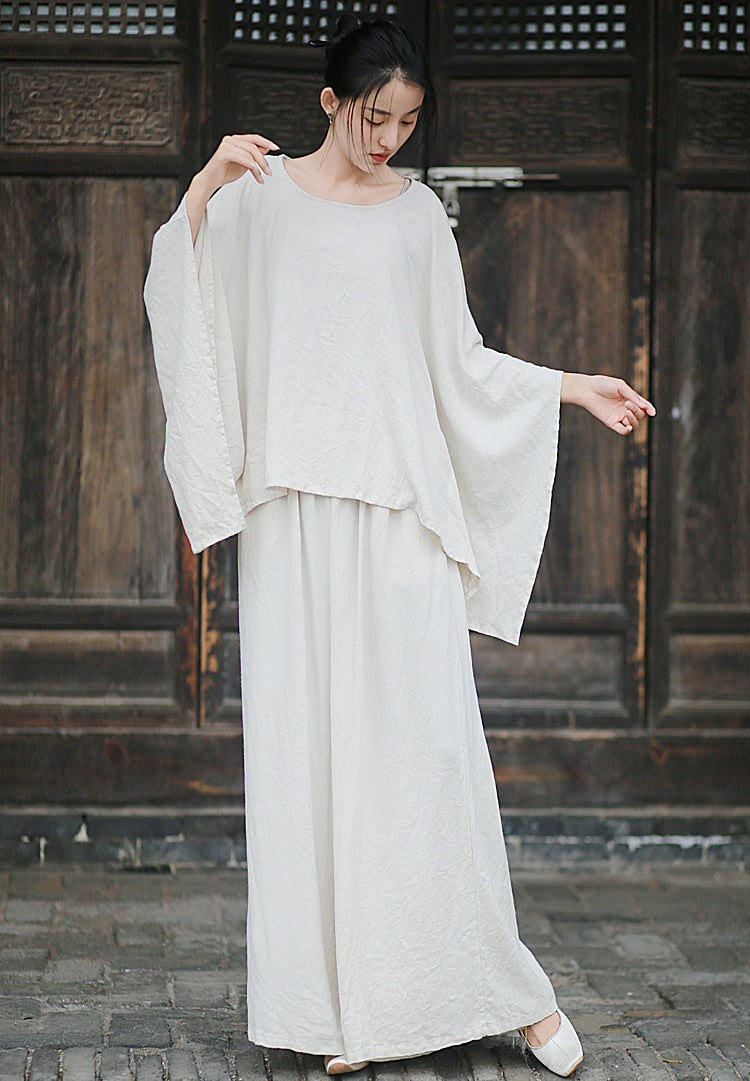 Linen Top Wide Leg Pants Set 3 Colours Literary Retro Cool Style