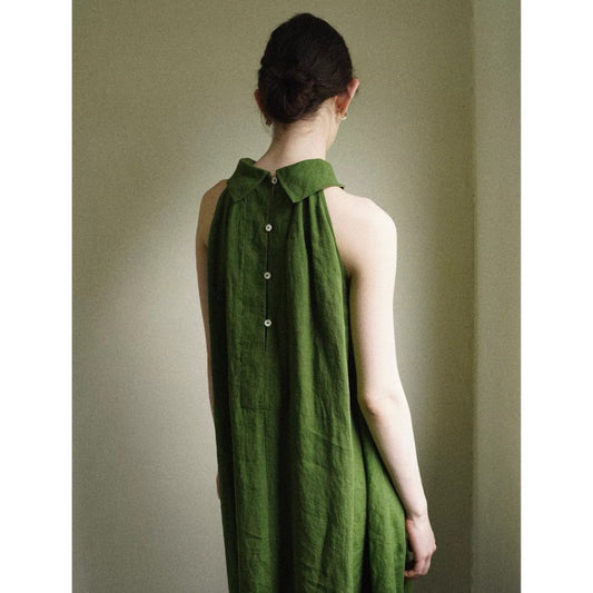 Linen Sandwashed Textured Hanging Neck Dress Summer