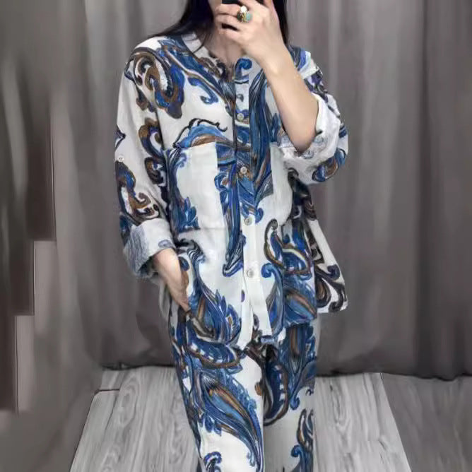 Printed Fashion Women's Long Sleeve Shirt Trousers Suit