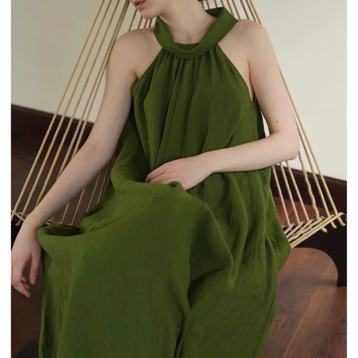 Linen Sandwashed Textured Hanging Neck Dress Summer