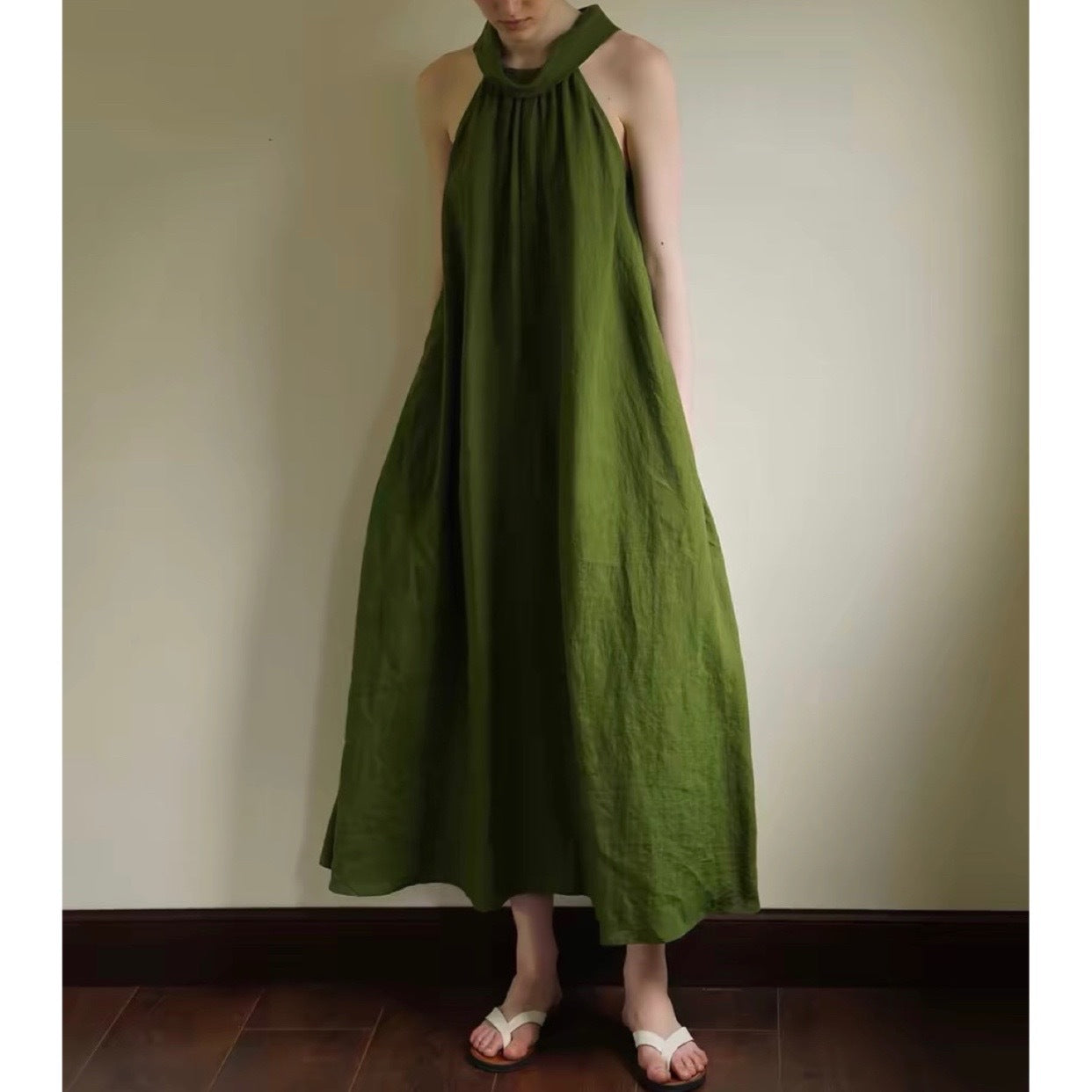 Linen Sandwashed Textured Hanging Neck Dress Summer