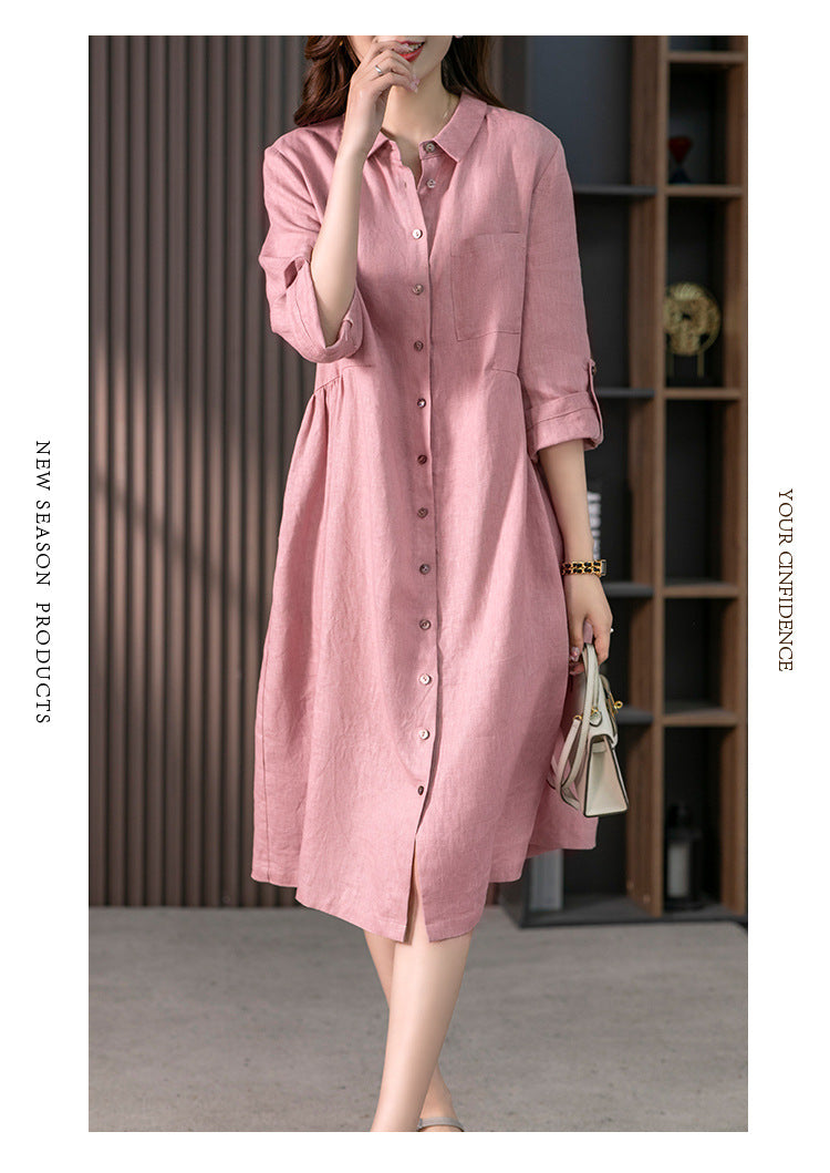 Elegant French Linen Shirt Dress Designer Niche Solid Colour Dresses