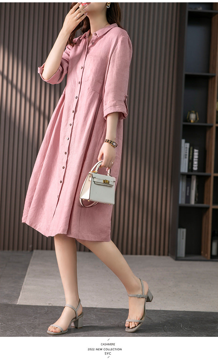 Elegant French Linen Shirt Dress Designer Niche Solid Colour Dresses