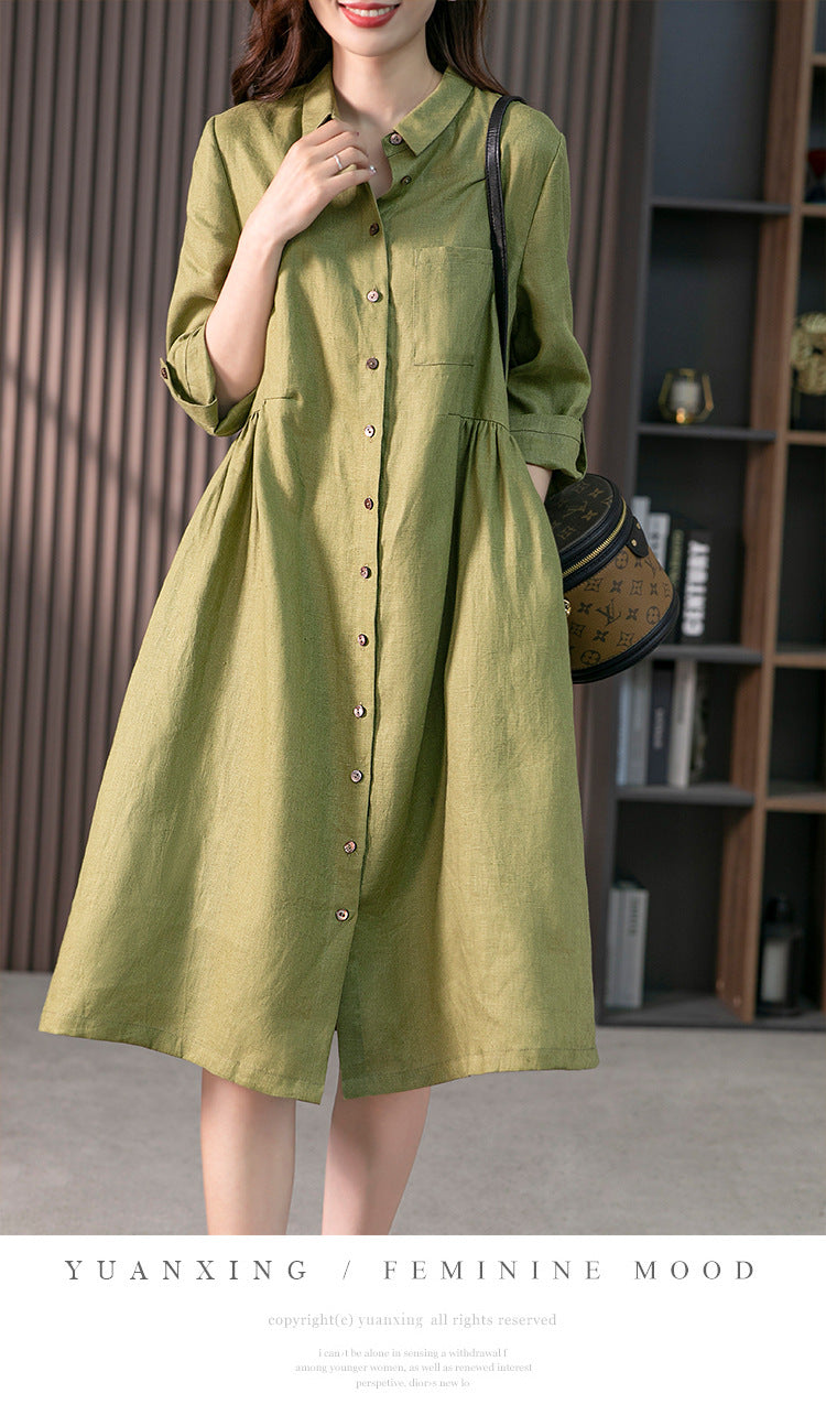 Elegant French Linen Shirt Dress Designer Niche Solid Colour Dresses