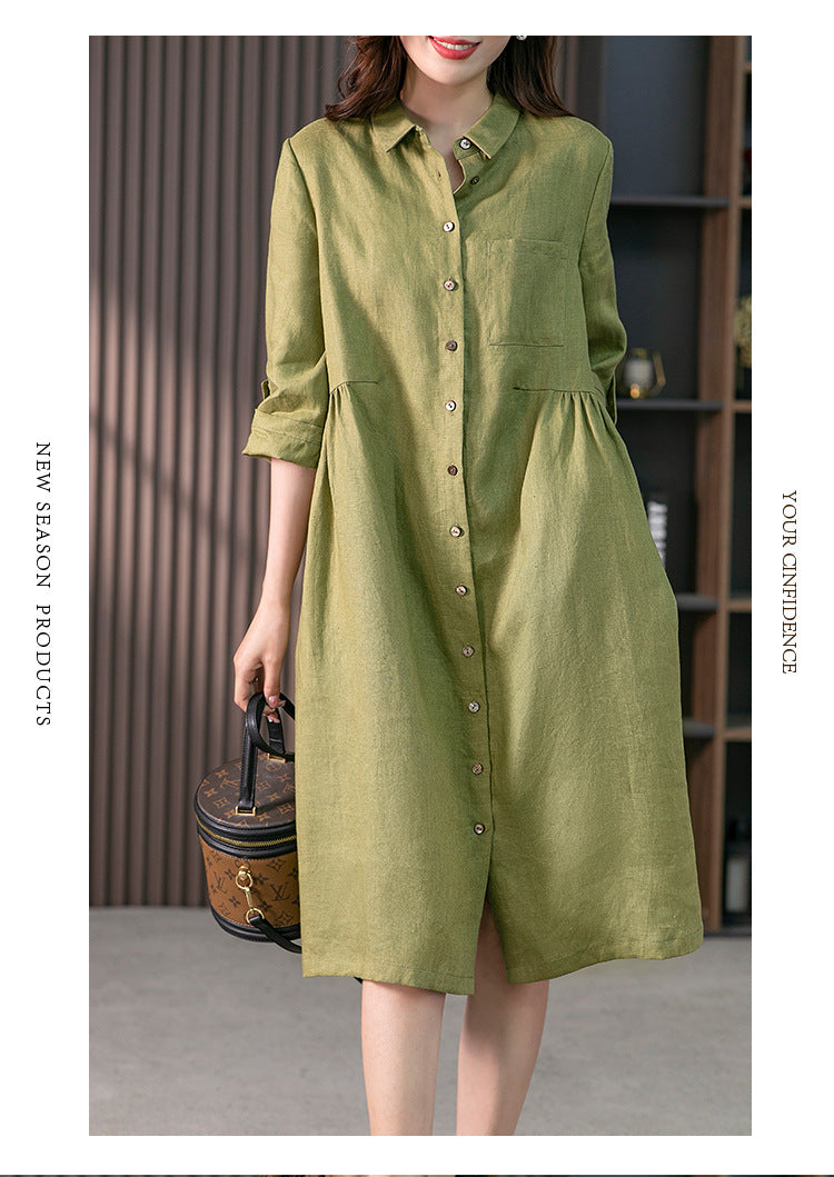 Elegant French Linen Shirt Dress Designer Niche Solid Colour Dresses