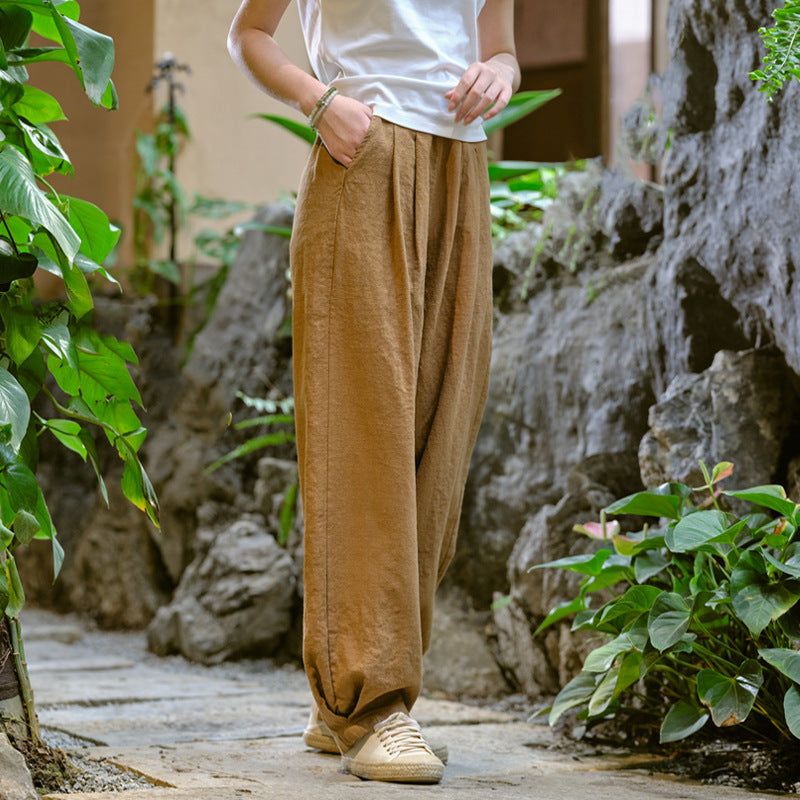 New cotton and linen women's pants, loose and versatile, slim sand-washed linen bloomers