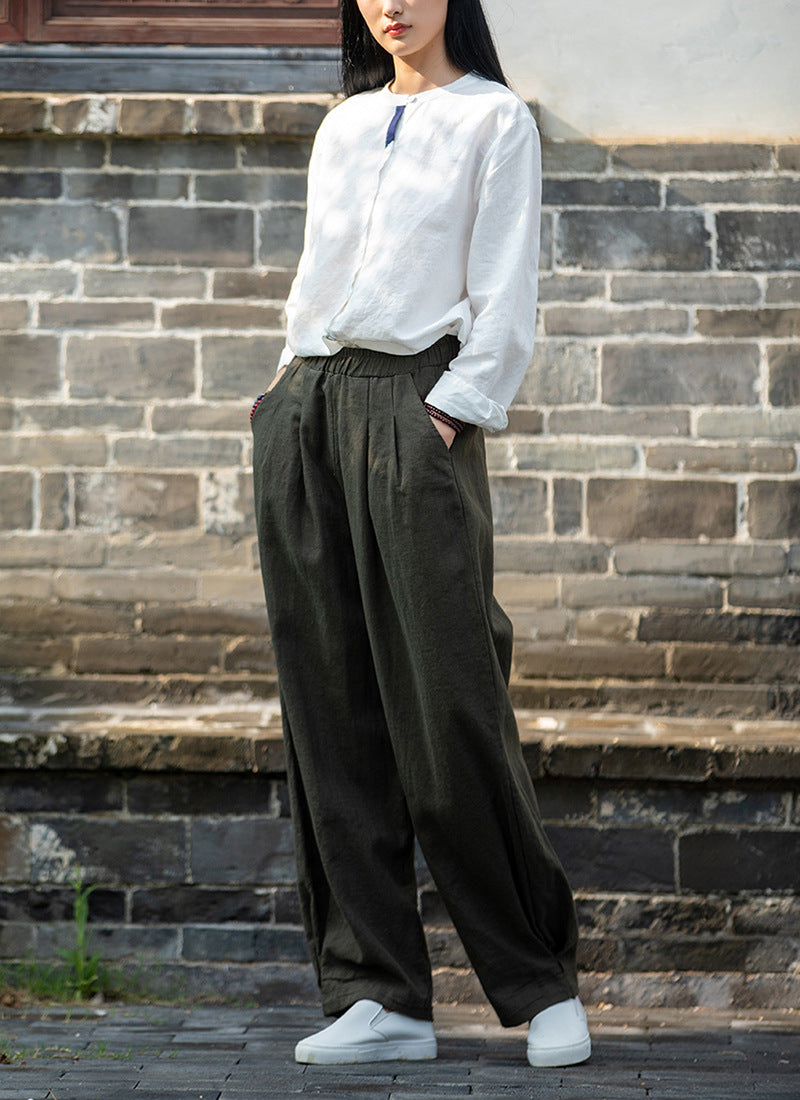 New cotton and linen women's pants, loose and versatile, slim sand-washed linen bloomers