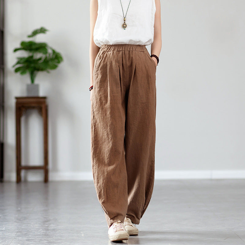 New cotton and linen women's pants, loose and versatile, slim sand-washed linen bloomers