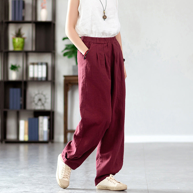 New cotton and linen women's pants, loose and versatile, slim sand-washed linen bloomers