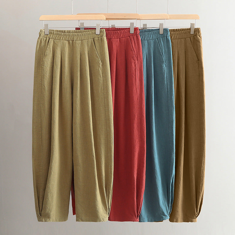 New cotton and linen women's pants, loose and versatile, slim sand-washed linen bloomers