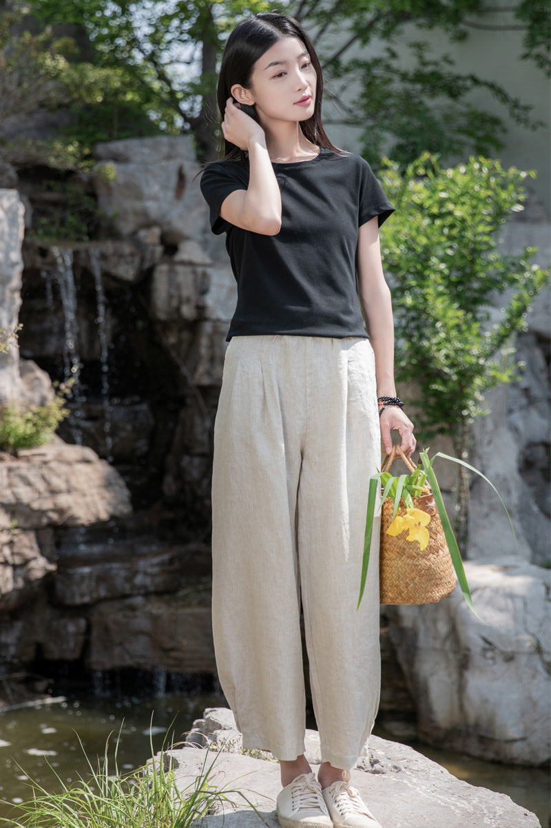 New cotton and linen women's pants, loose and versatile, slim sand-washed linen bloomers