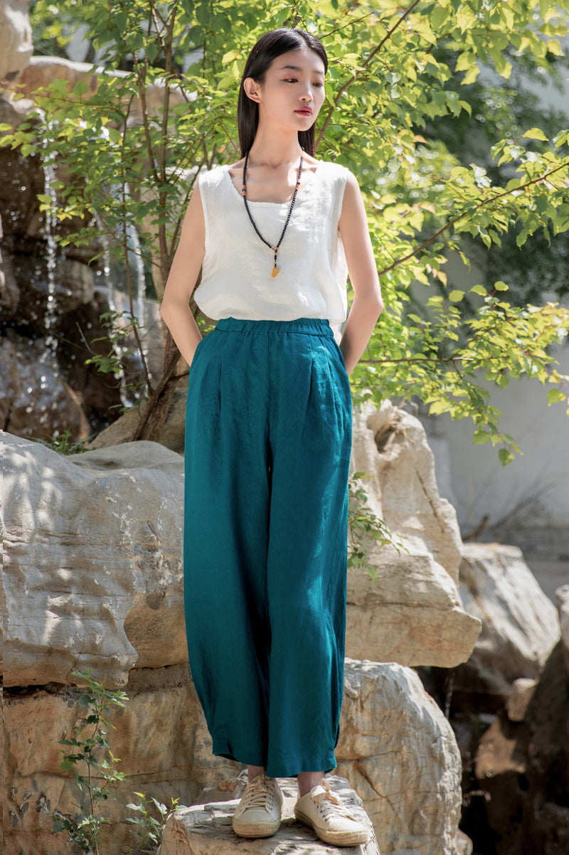 New cotton and linen women's pants, loose and versatile, slim sand-washed linen bloomers