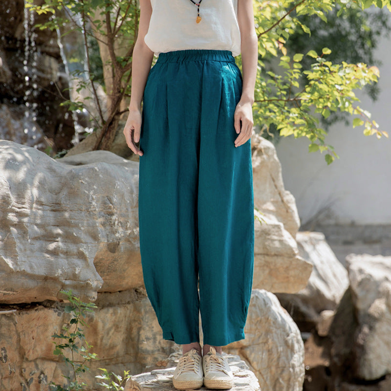New cotton and linen women's pants, loose and versatile, slim sand-washed linen bloomers