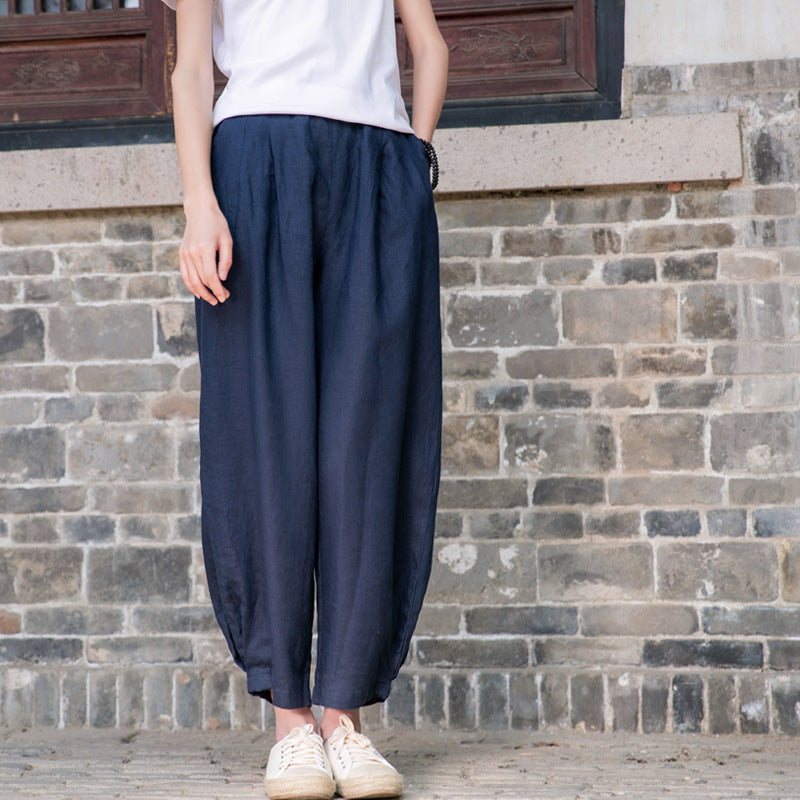 New cotton and linen women's pants, loose and versatile, slim sand-washed linen bloomers
