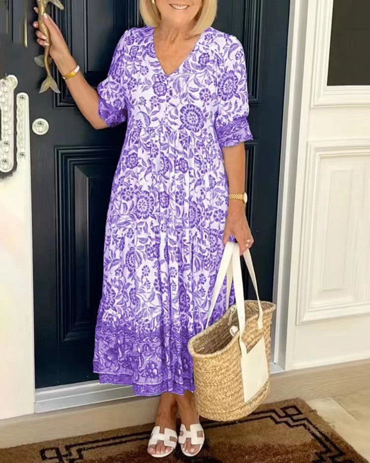 Temperament Elegant Long Loose Floral Dress Women's V-Neck Printed Large Size Dresses