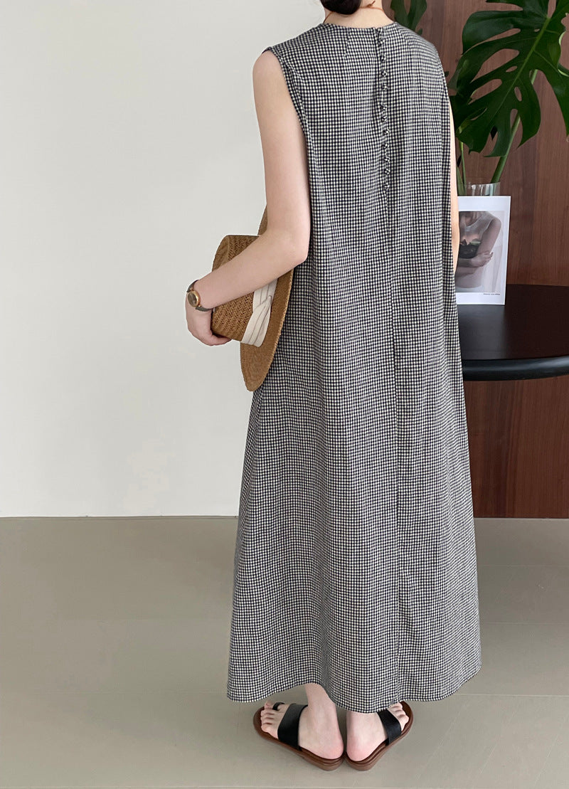 Casual Cotton Linen Vintage Plaid Back Button Sleeveless Vest Dress