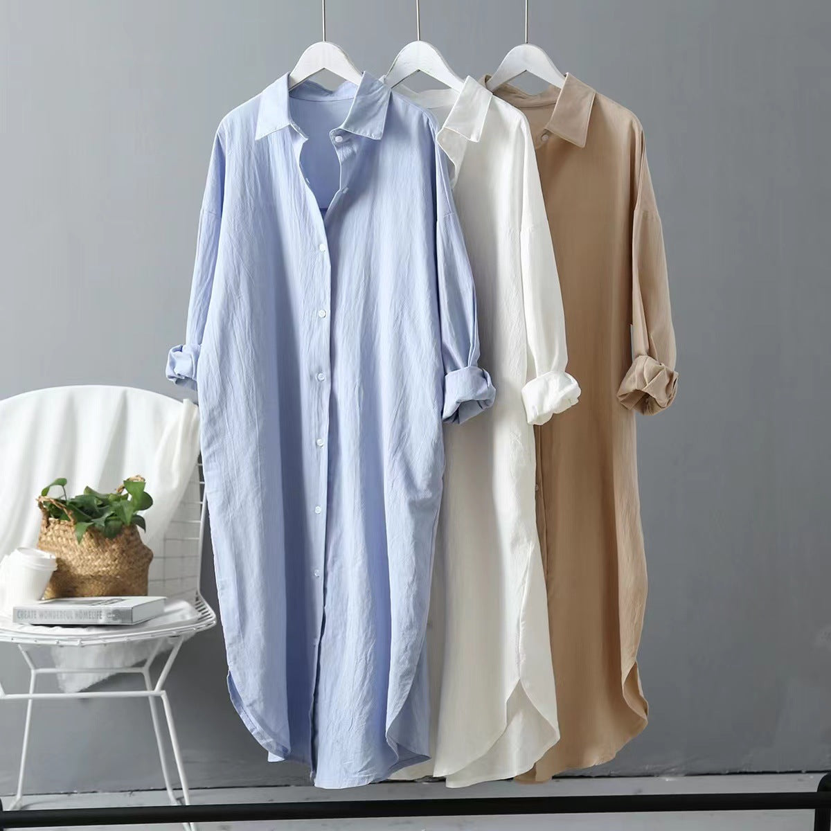 Simple long knee-length shirt women cotton and linen loose thin thin section sunscreen air conditioning shirt  Beige White black Pink Khaki Yellow Dark blue Light purple Army green Lotus root Milk white