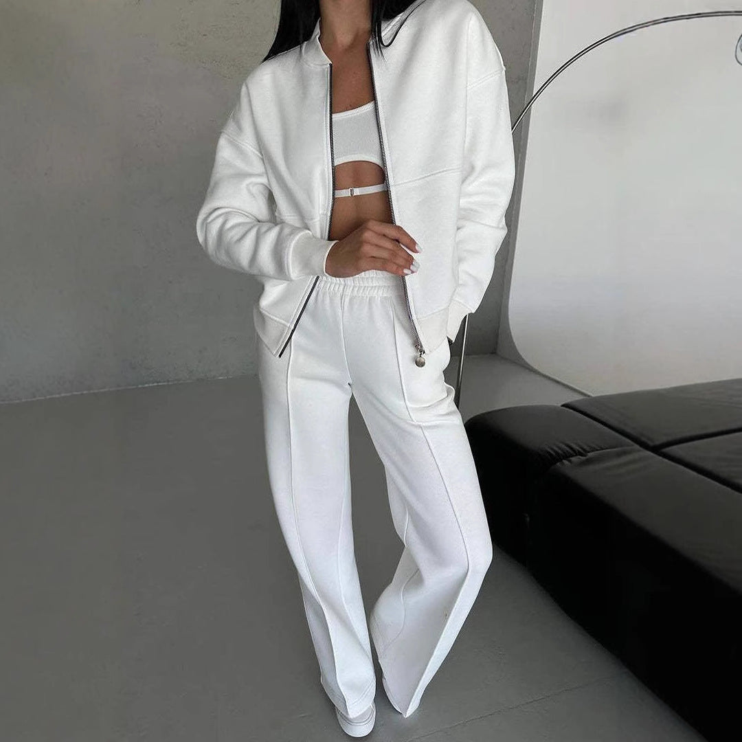 Women's Casual Zip Jacket Wide Leg Pants Two Piece Set