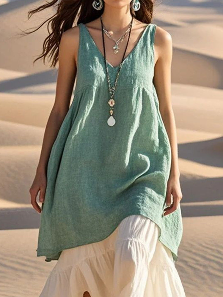Casual Loose Fashion Sleeveless Cotton Linen Solid Colour V-Neck Beach Dress